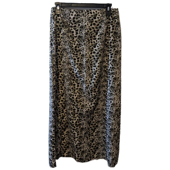 Vintage Dresses & Skirts - Vintage 90s Leopard Print Maxi Skirt Animal Slinky Long Grunge Green Black Sz M